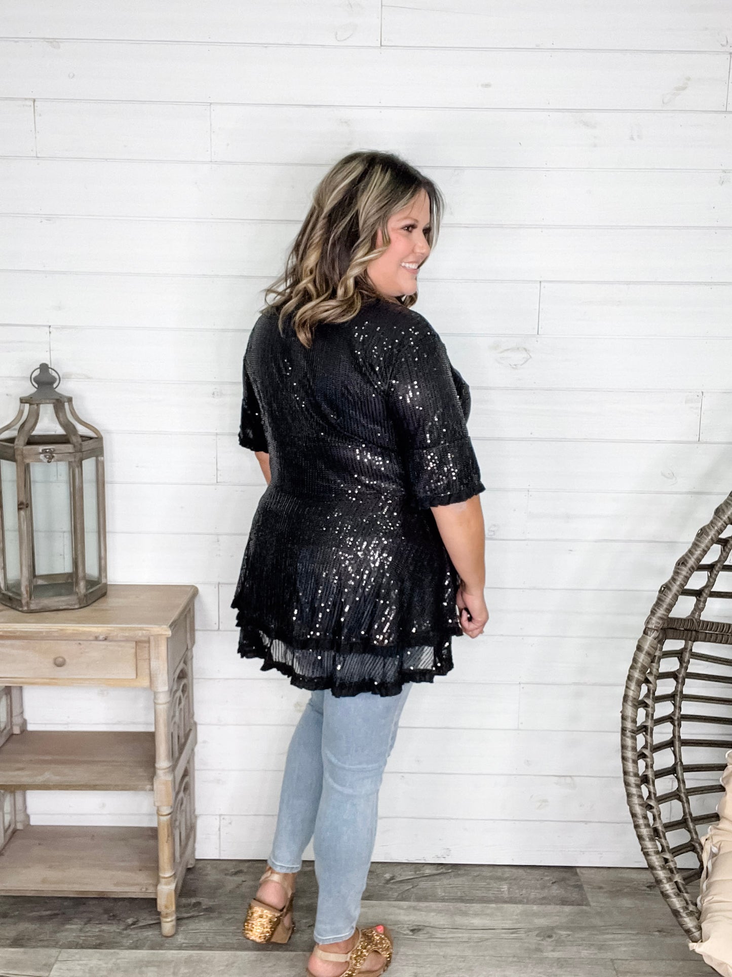 "Caught A Glimpse" Sequined Ruffle Hem and Sleeve (Black)