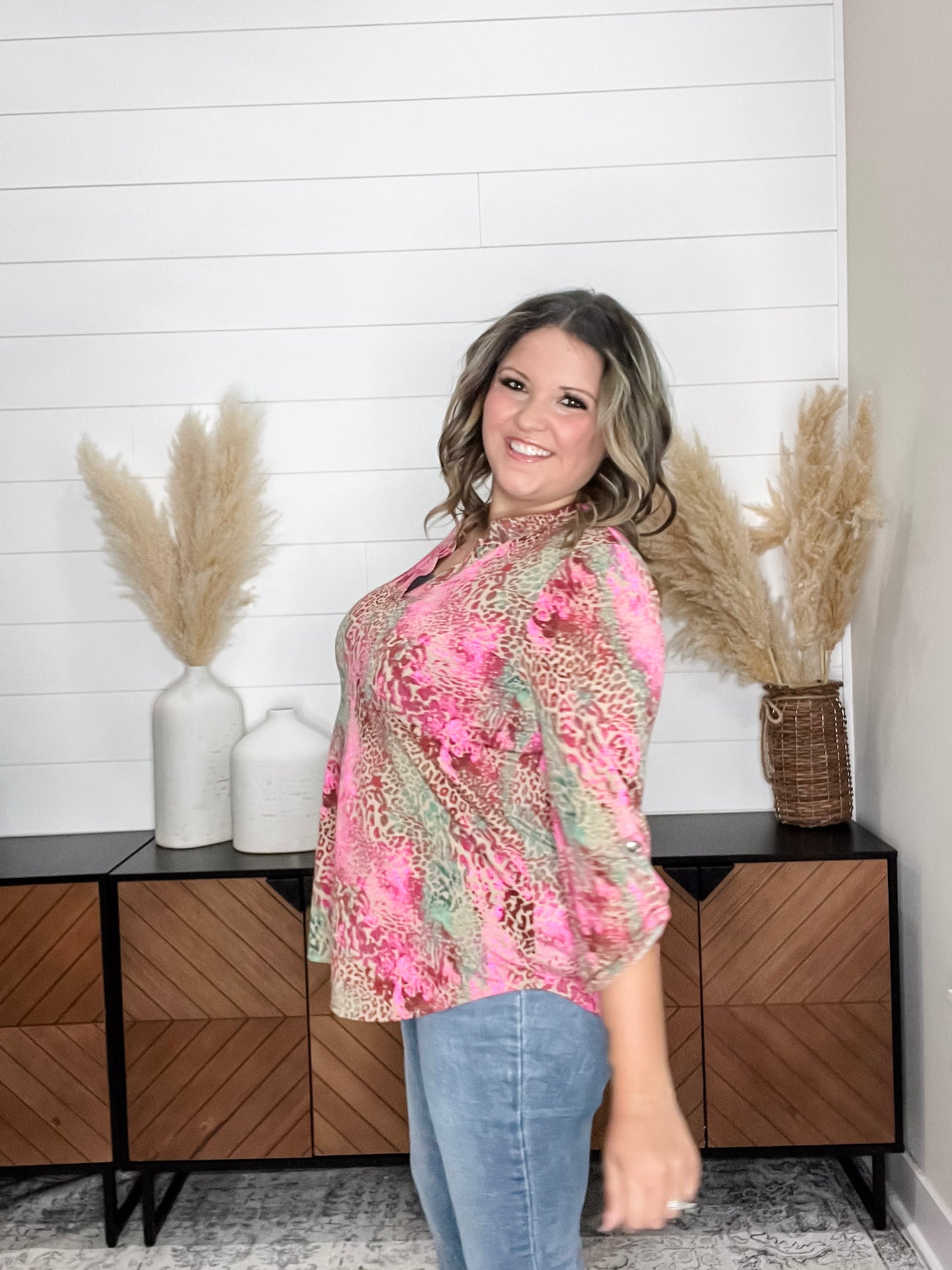 "East" Animal Print Lizzy 3/4 Sleeve Split Neck