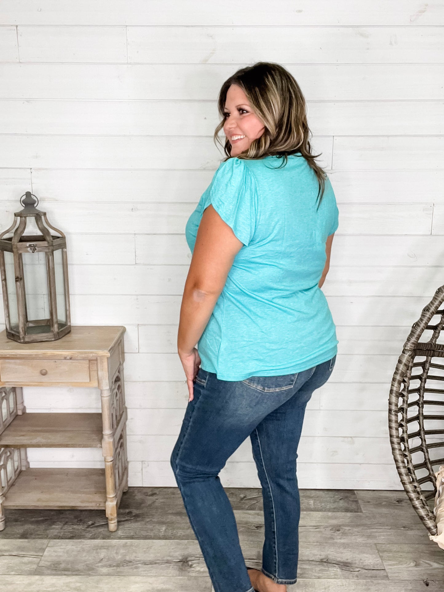 "Just The Beginning Chapter Two" Solid Tulip Sleeve V Neck (Turquoise)