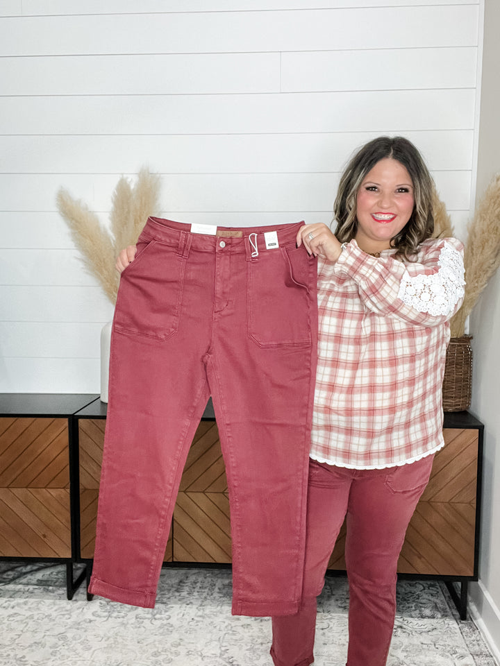 Judy Blue Aurora Burgundy Cuffed Weekender