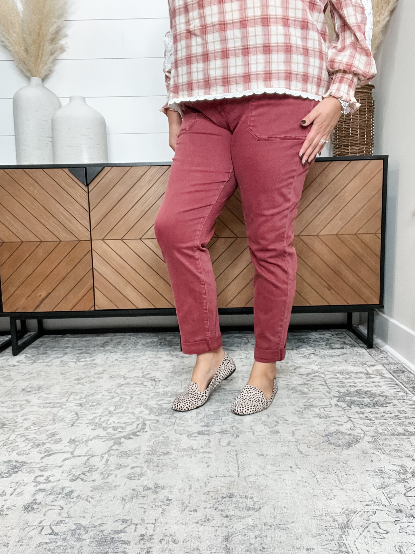 Judy Blue Aurora Burgundy Cuffed Weekender