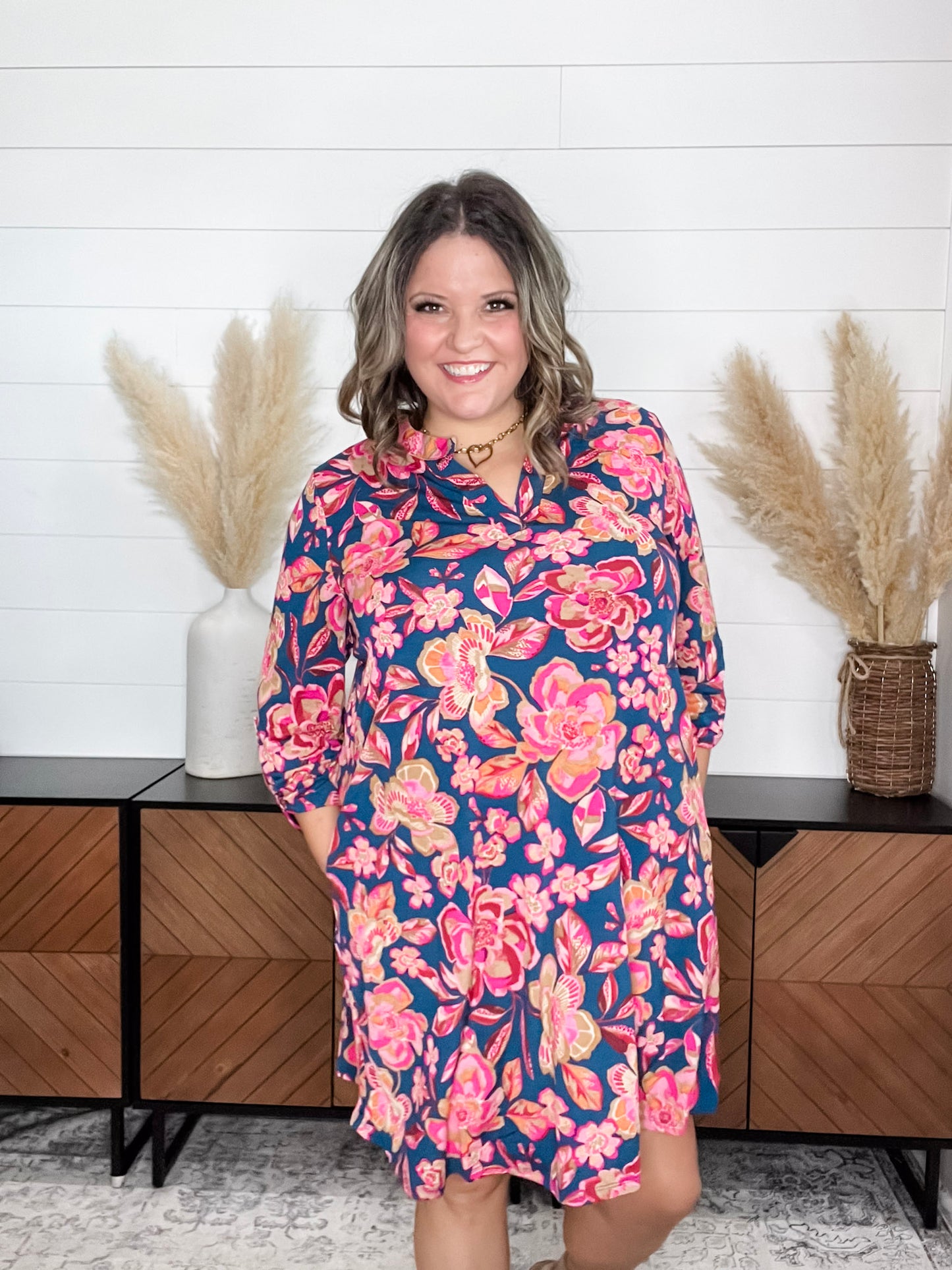 Dear Scarlett "Hydrogen" 3/4 Sleeve Split Neck Dress with Pockets