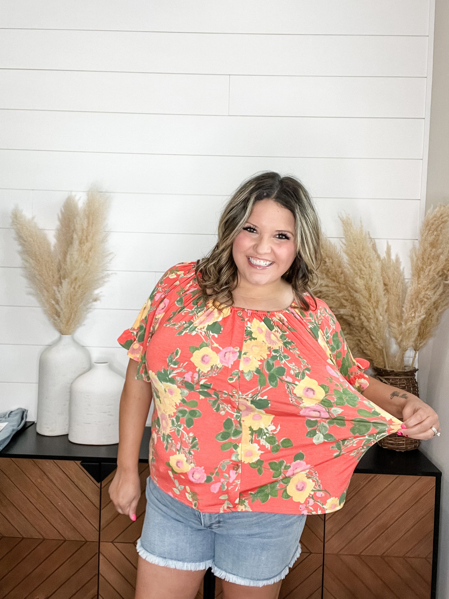 "Channing" Off the Shoulder Peasant Style with Faux Buttons