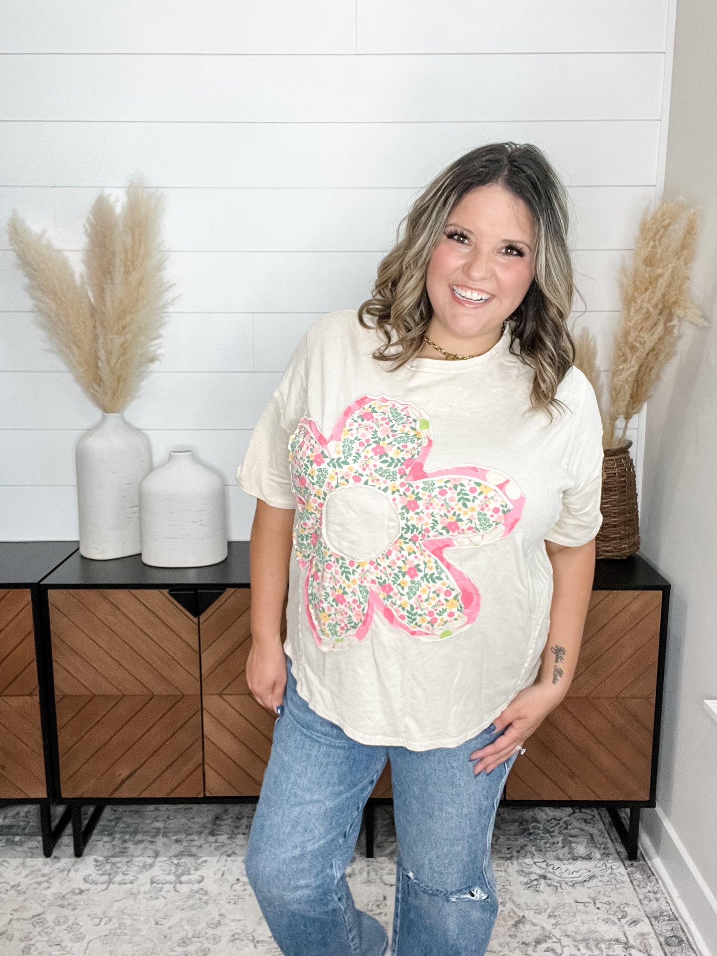 J.Her "Pass the Time" Short Sleeve Patchwork Crewneck