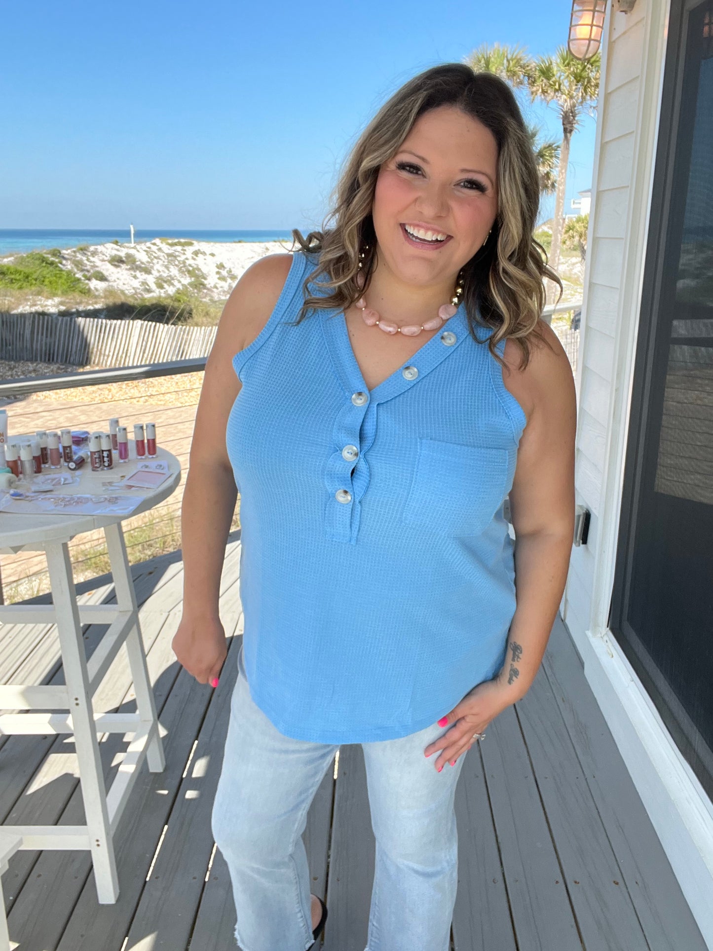 "Caldwell" Waffle Texture Tank with Chest Pockets and Faux Buttons (Ocean Blue)