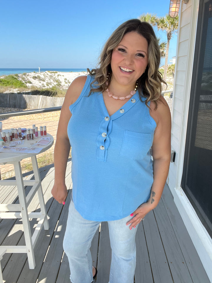 "Caldwell" Waffle Texture Tank with Chest Pockets and Faux Buttons (Ocean Blue)