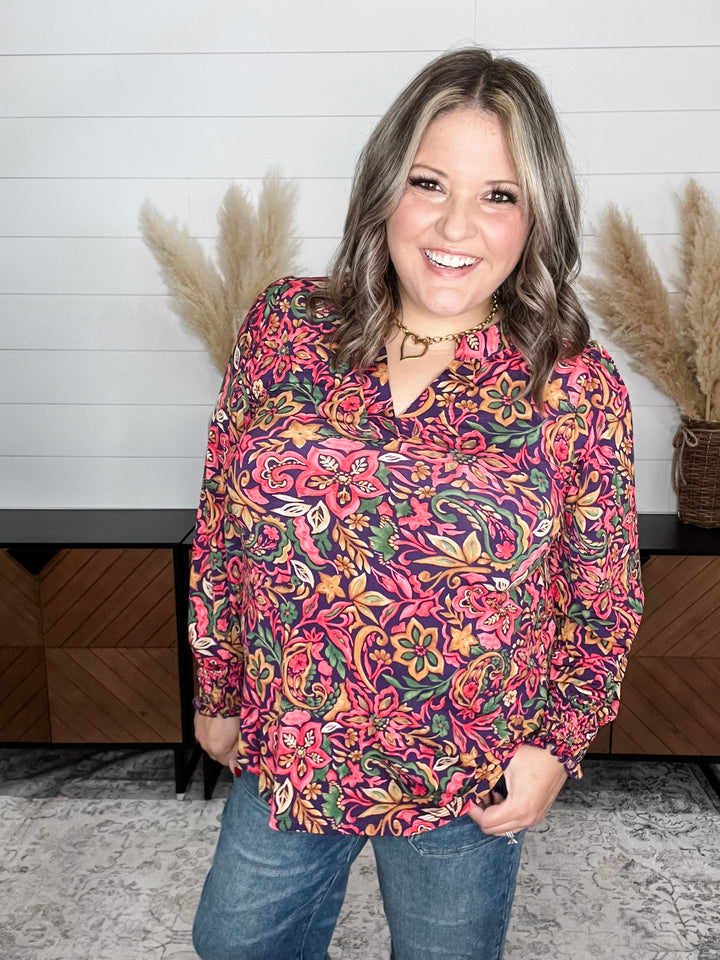 "Atmore" Lizzy Smocked Wrist Long Sleeve Split Neck