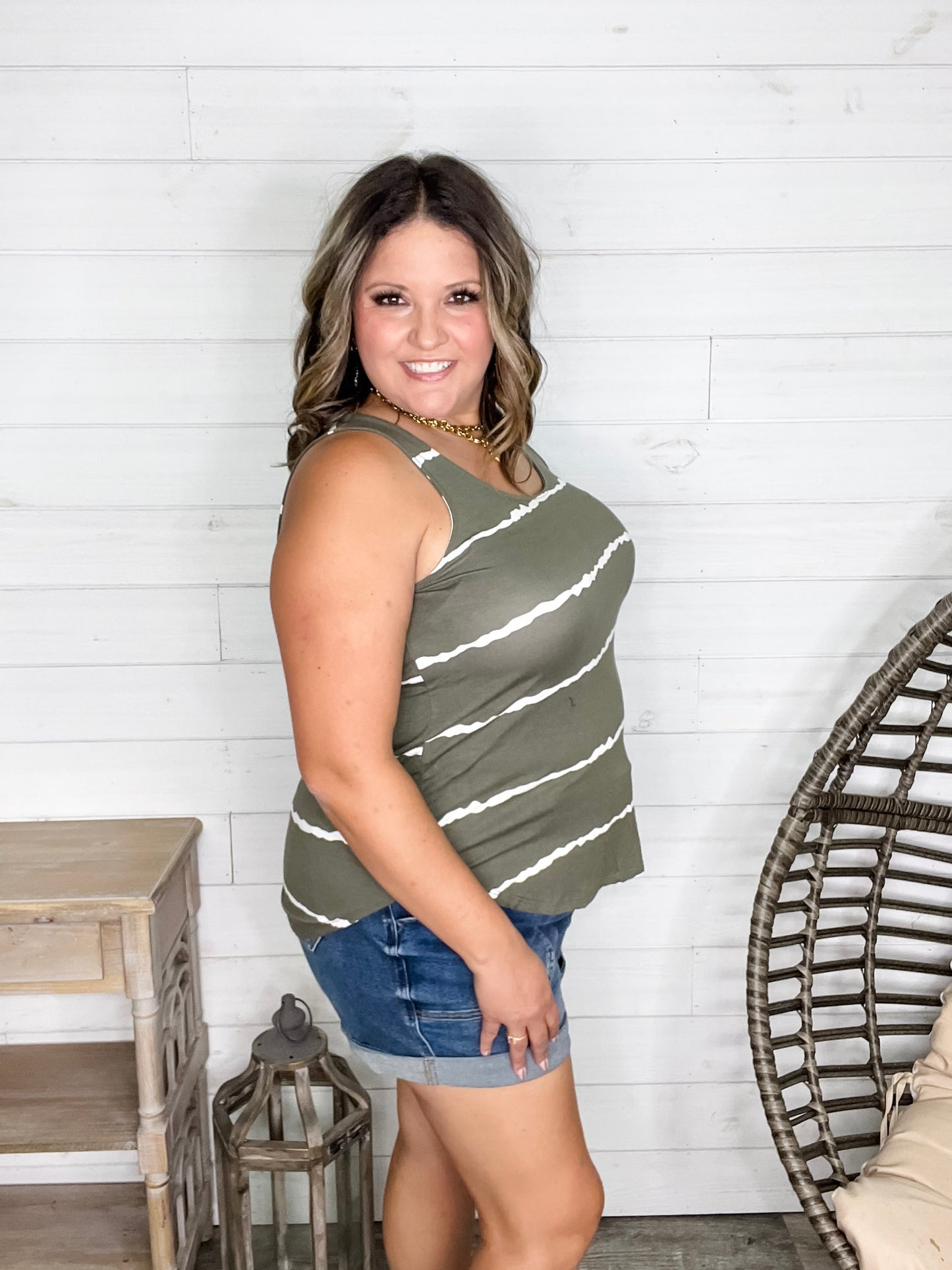 "Zigged Should Have Zagged" Relaxed Fit Tank (Black & Olive)