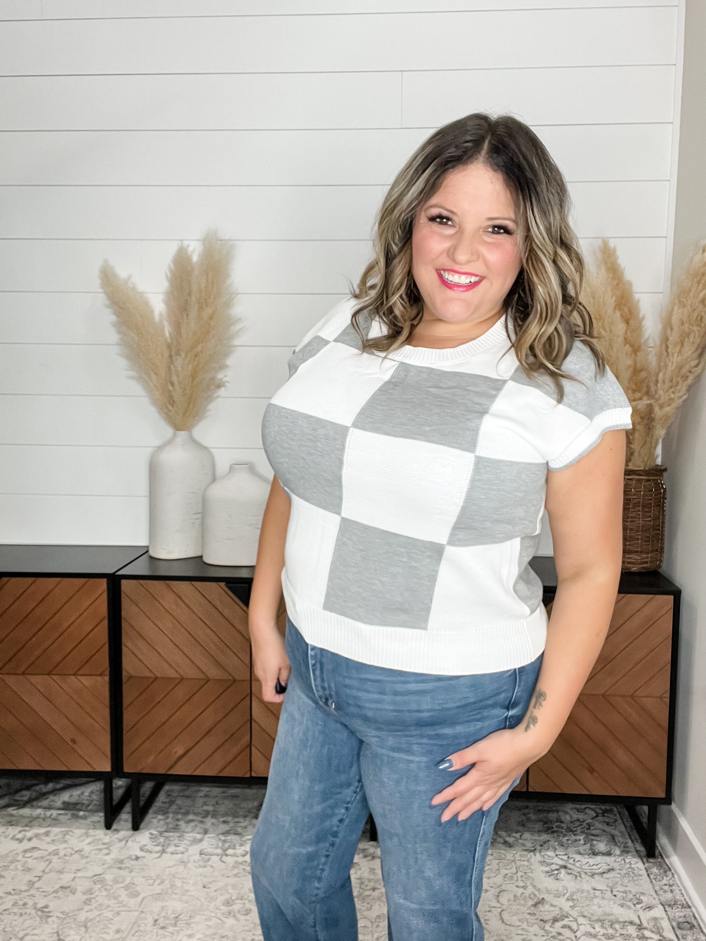 "Finish Line" Short Sleeve Checkered Sweater