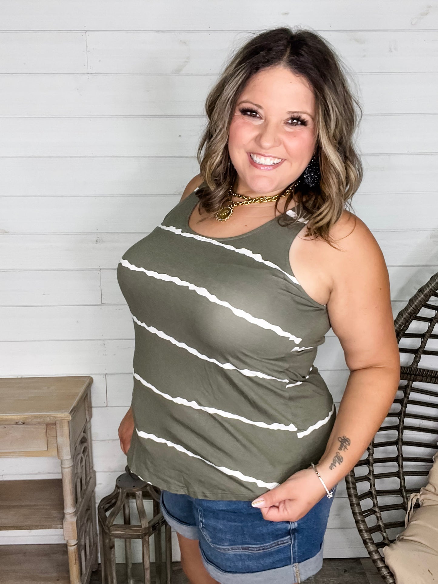 "Zigged Should Have Zagged" Relaxed Fit Tank (Black & Olive)