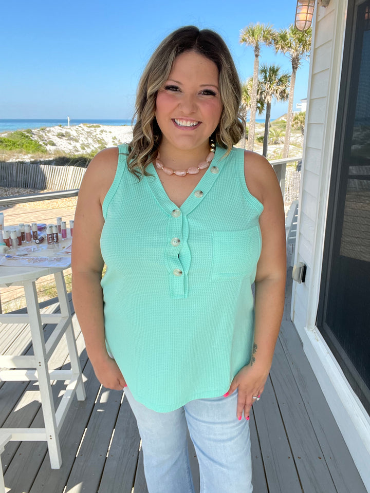 "Caldwell" Waffle Texture Tank with Chest Pockets and Faux Buttons (Mint)