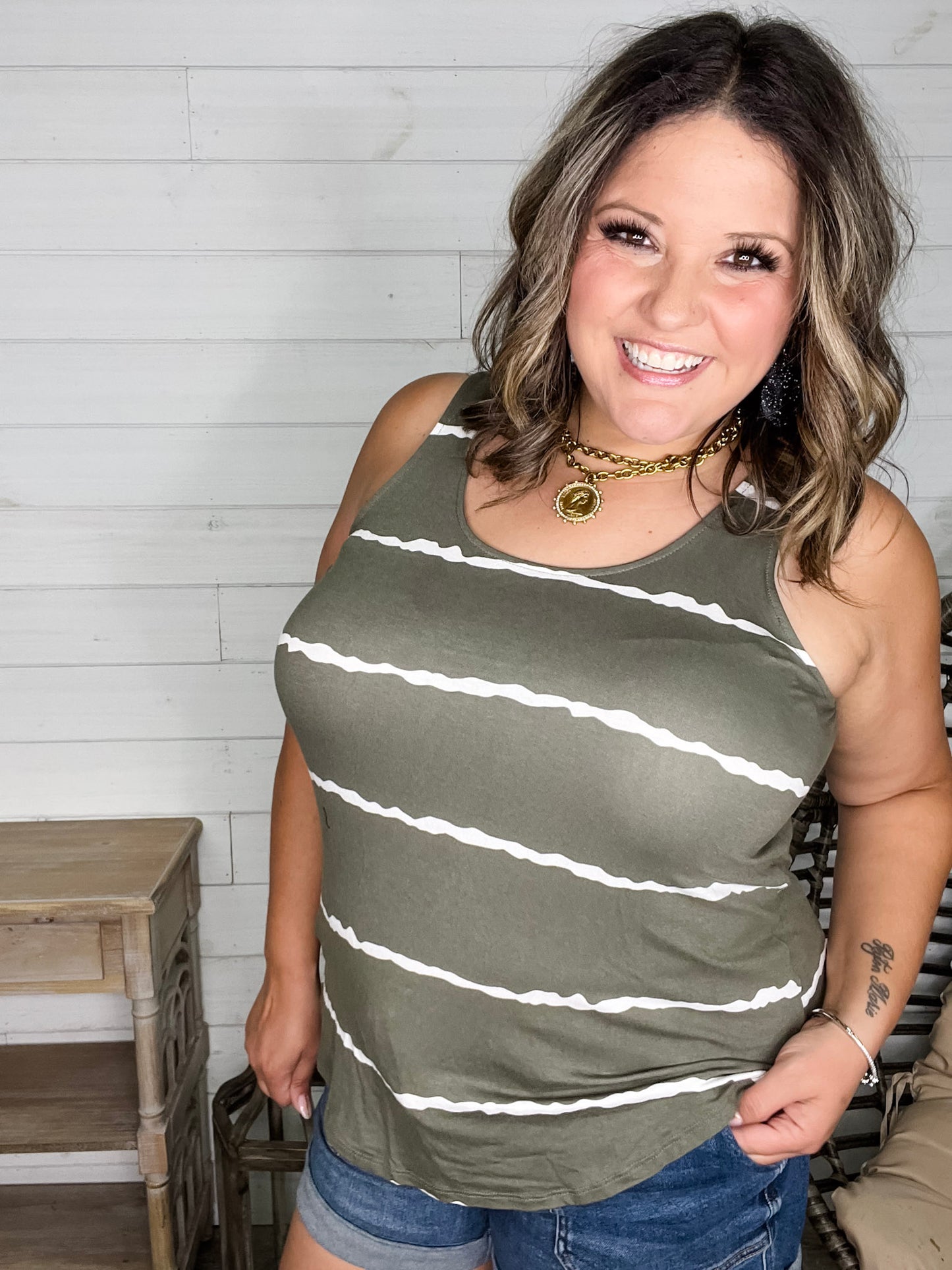 "Zigged Should Have Zagged" Relaxed Fit Tank (Black & Olive)