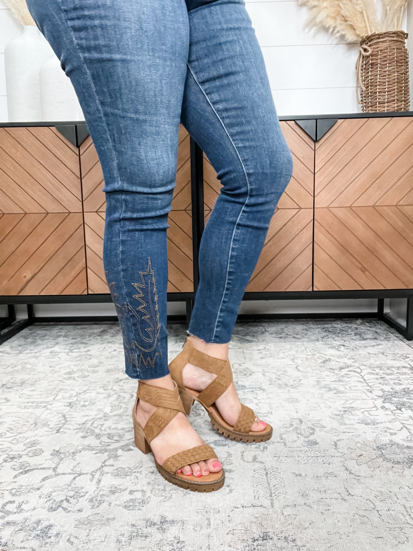"Vana" Faux Suede Sandal By Very G with Laser Cut Rose Detail (Tan)