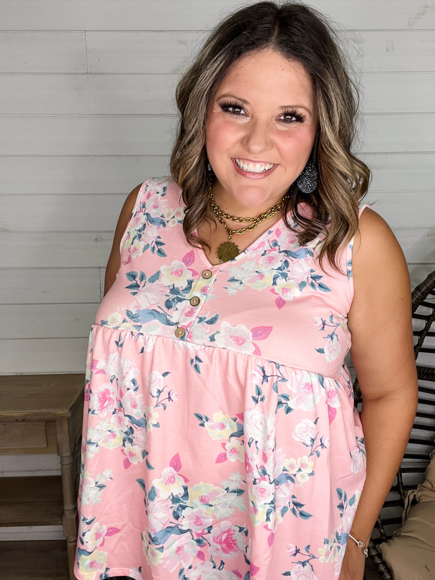 "Velma" Floral Babydoll Tank with Faux Button Detail