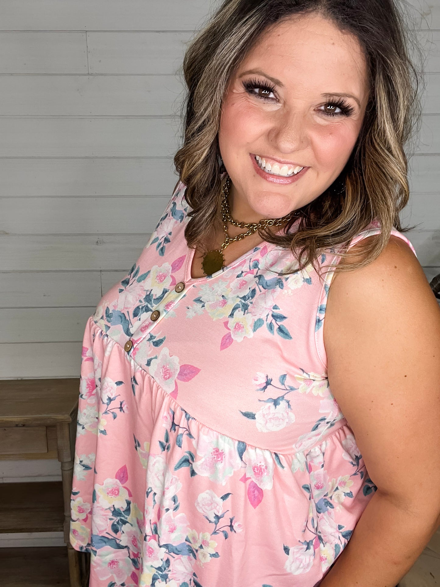 "Velma" Floral Babydoll Tank with Faux Button Detail