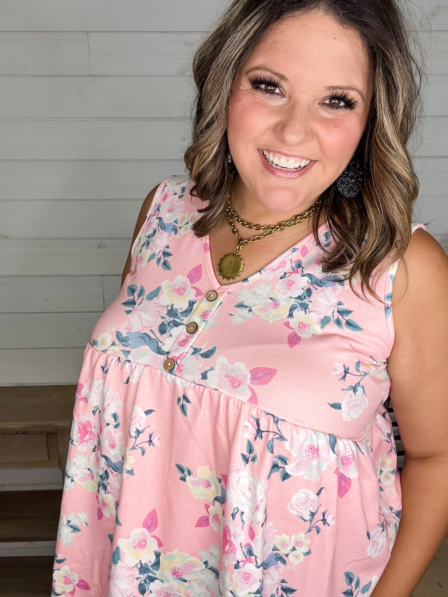 "Velma" Floral Babydoll Tank with Faux Button Detail