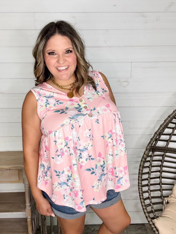 "Velma" Floral Babydoll Tank with Faux Button Detail