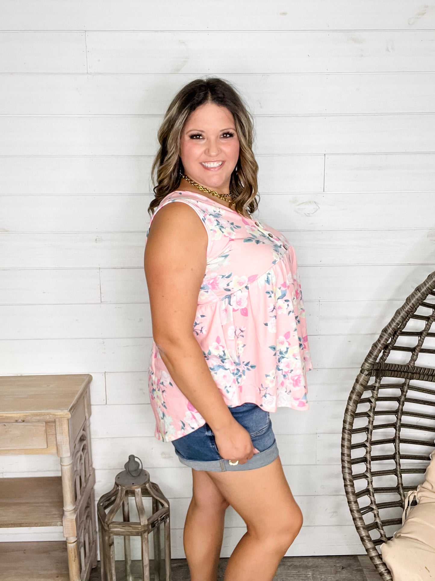 "Velma" Floral Babydoll Tank with Faux Button Detail