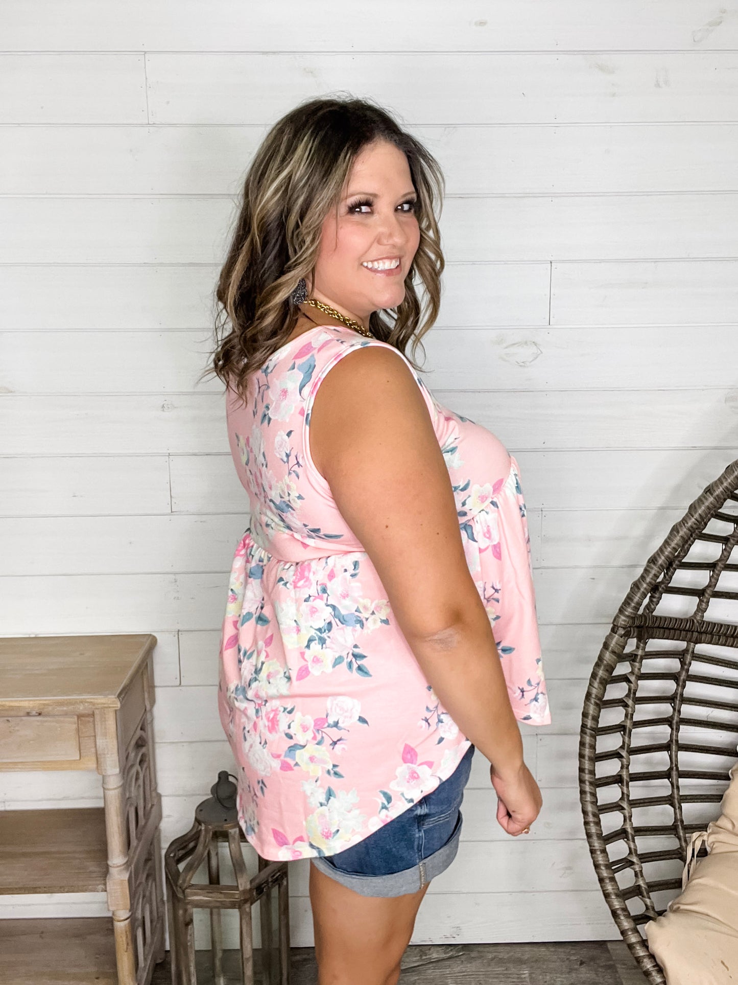 "Velma" Floral Babydoll Tank with Faux Button Detail