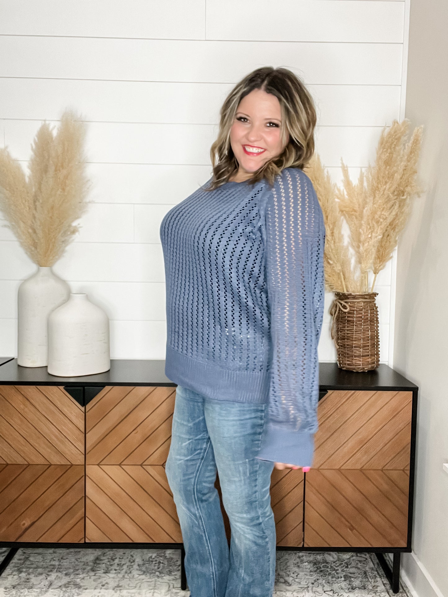 "Cut the Chill" Long Sleeve Lighweight Sweater (Denim)