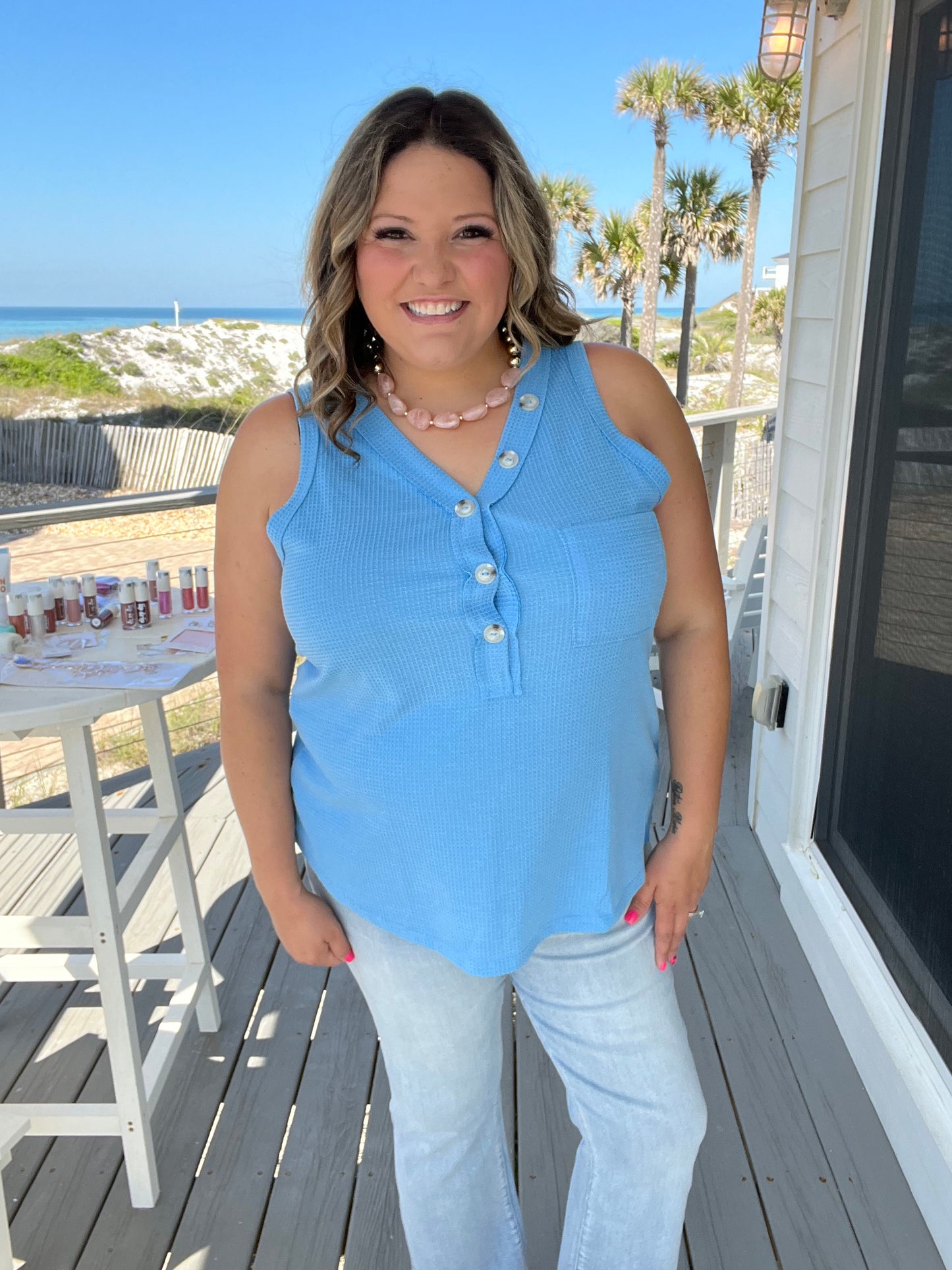 "Caldwell" Waffle Texture Tank with Chest Pockets and Faux Buttons (Ocean Blue)