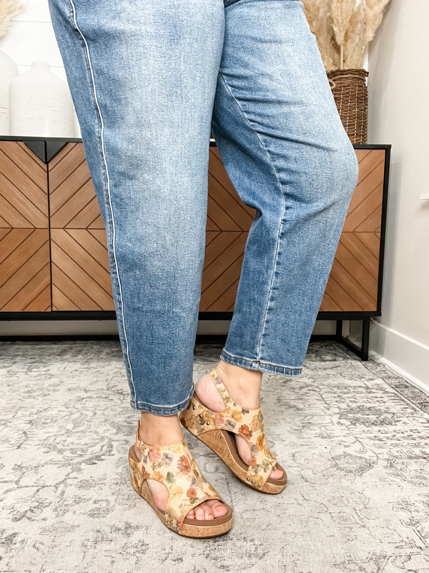 Corkys "Carley" Wedge Sandal (Camel Washed Flower)