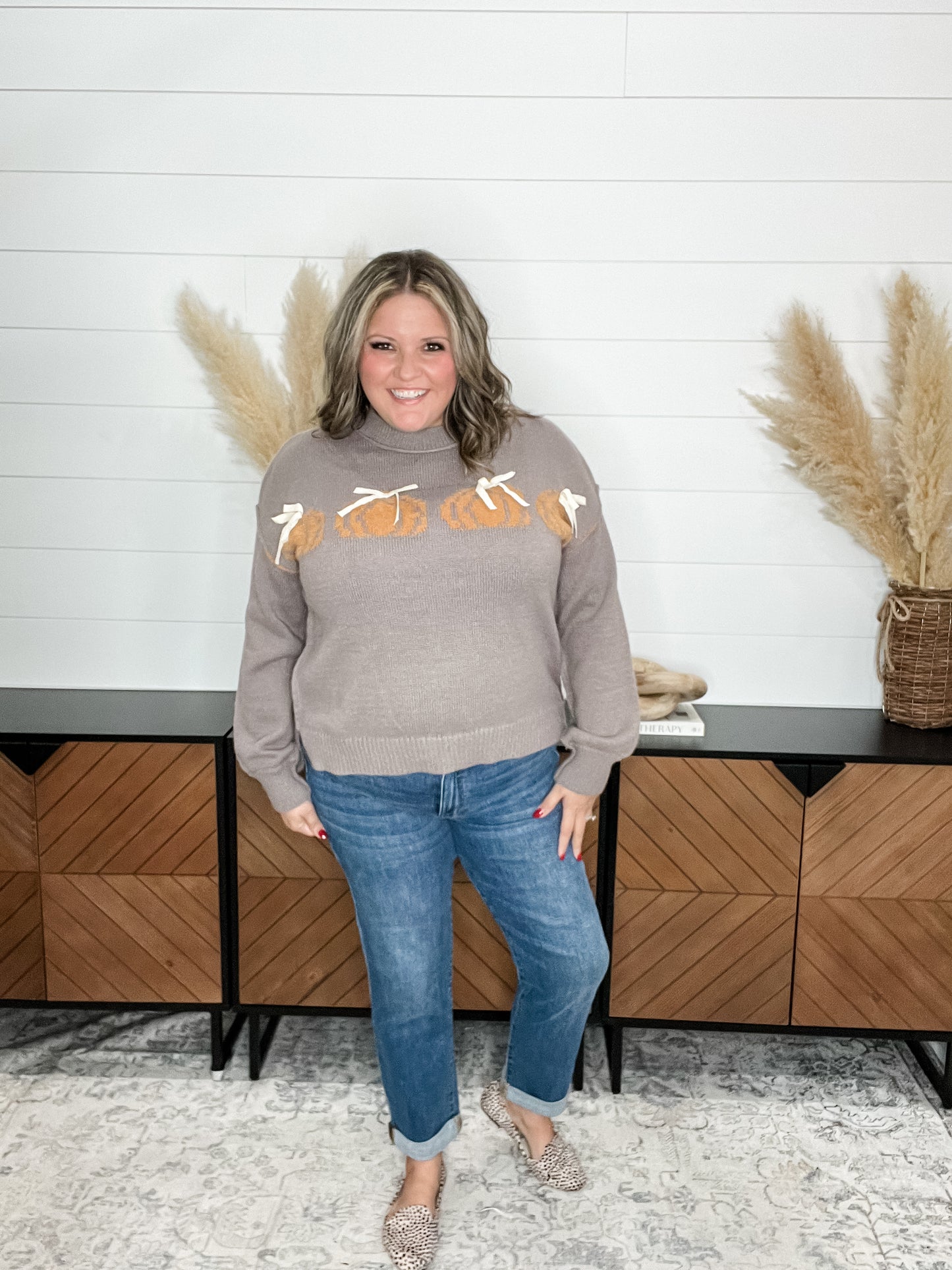 Pumpkins and Lace Bows Long Sleeve Sweater