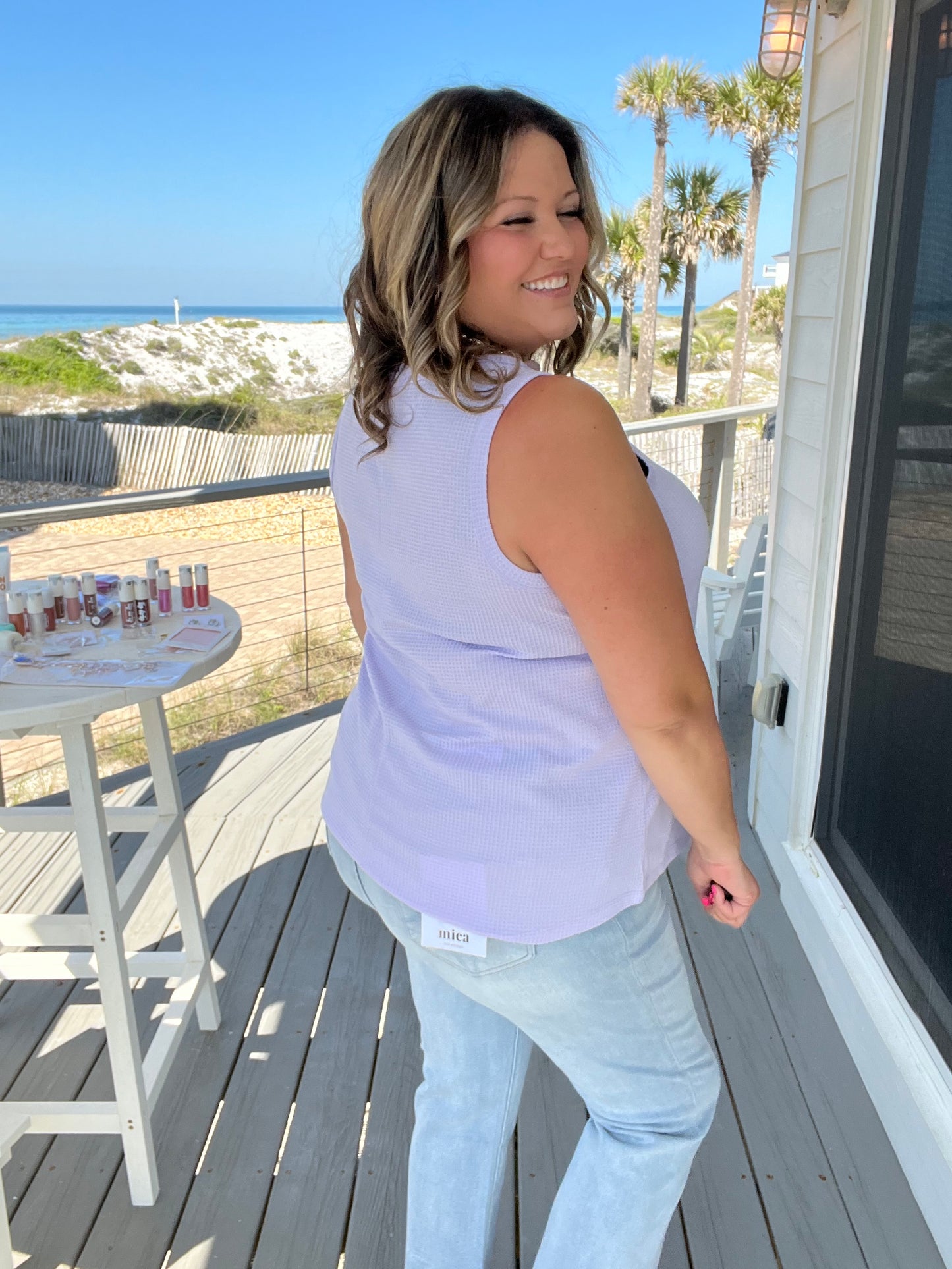 "Caldwell" Waffle Texture Tank with Chest Pockets and Faux Buttons (Lilac)