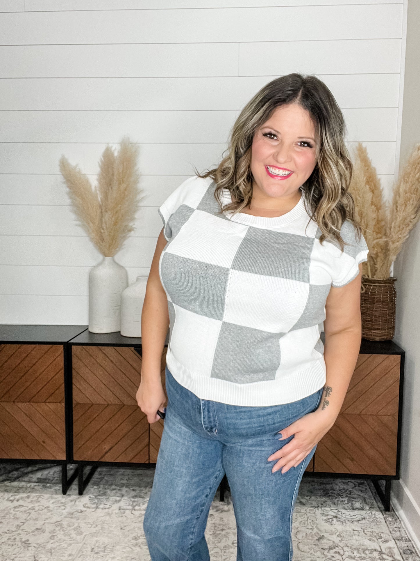 "Finish Line" Short Sleeve Checkered Sweater