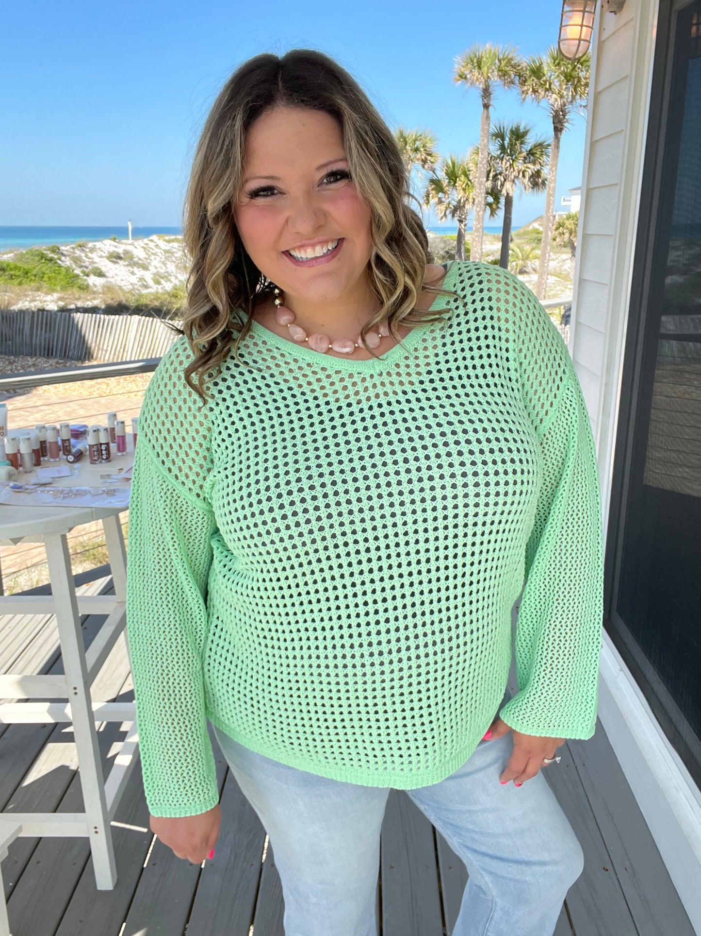 "Maurice" Wide Weft Long Sleeve V Neck (Mint)