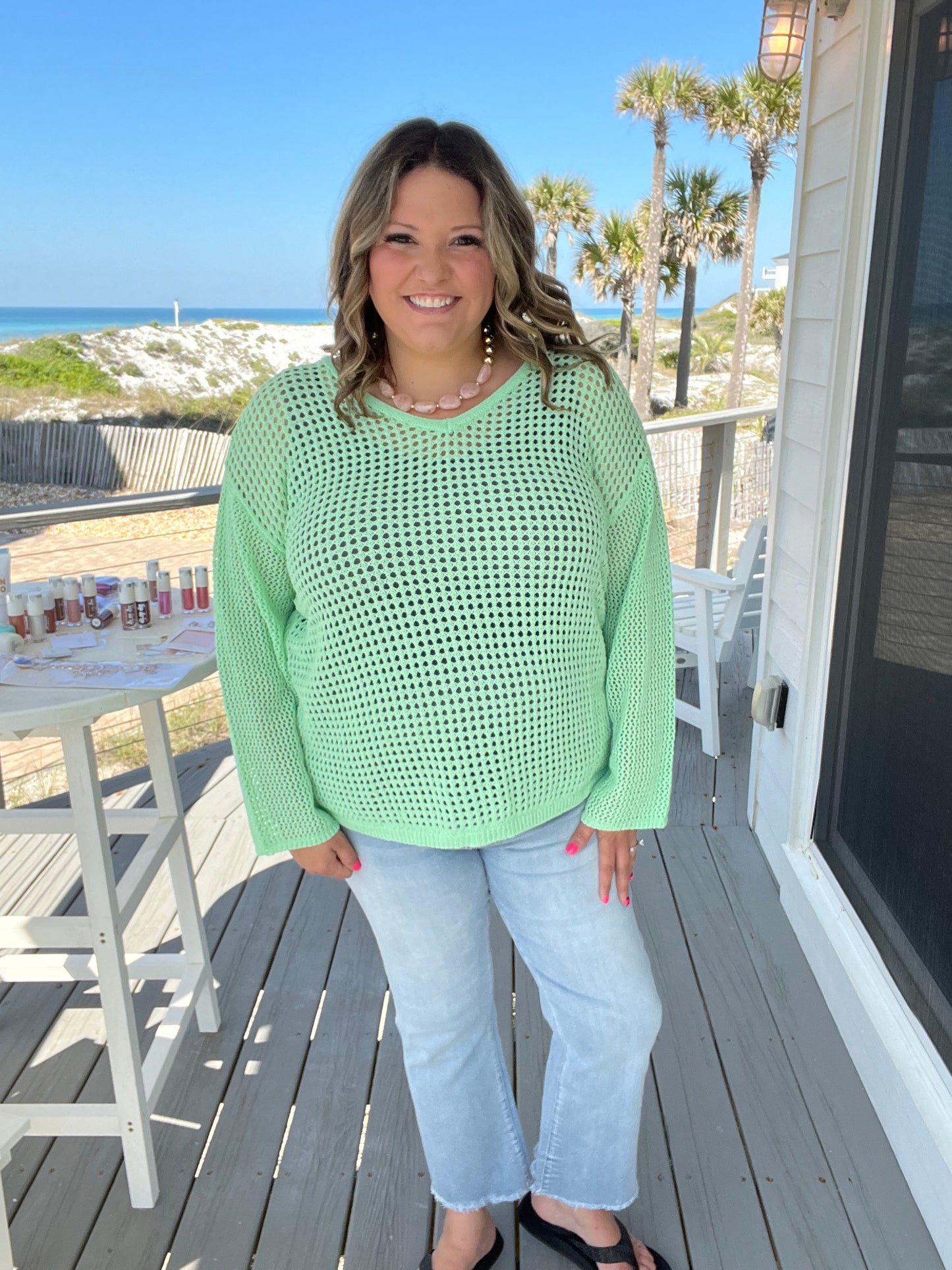 "Maurice" Wide Weft Long Sleeve V Neck (Mint)