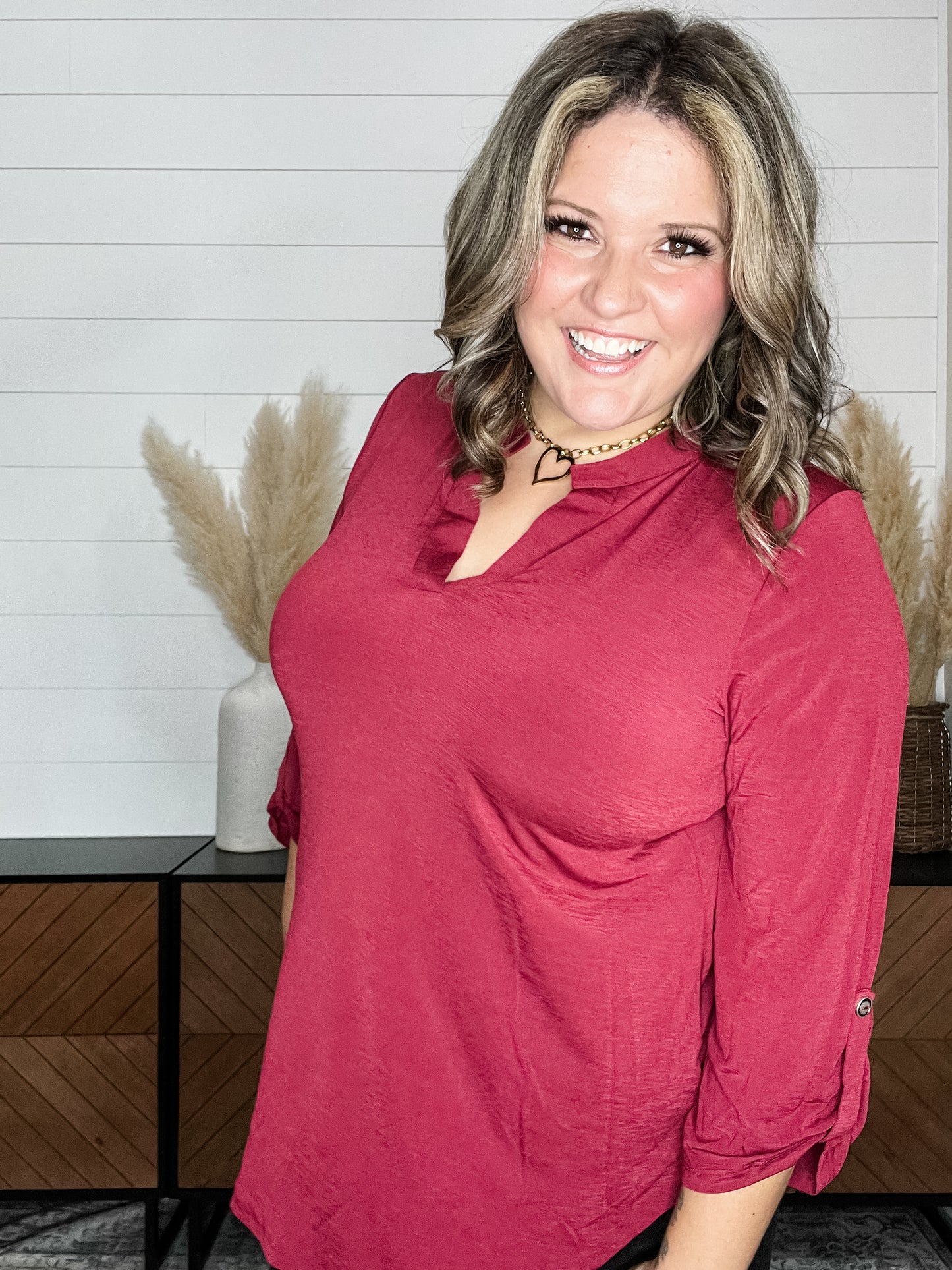 Dear Scarlett "Bold Choice" 3/4 Sleeve Split Neck (Wine)