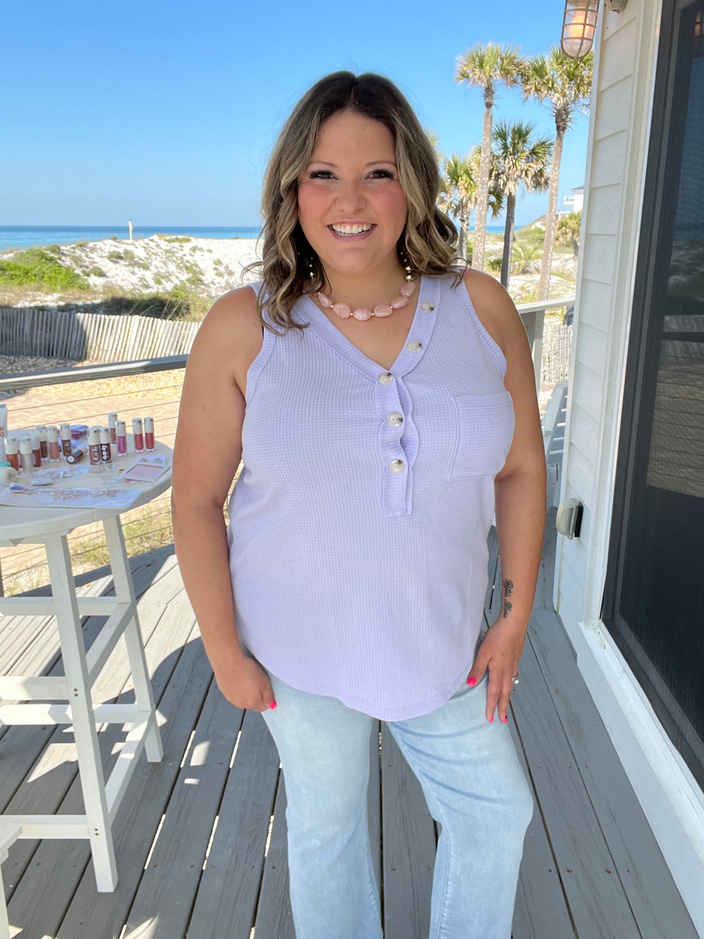 "Caldwell" Waffle Texture Tank with Chest Pockets and Faux Buttons (Lilac)