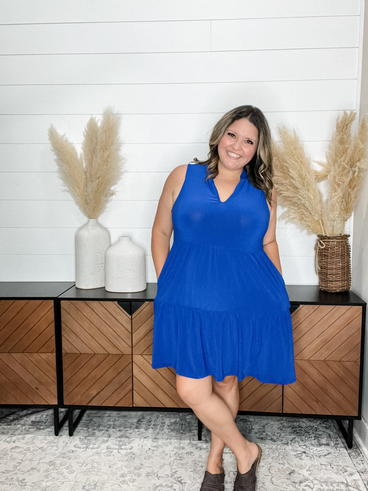 "Amos" Sleeveless Split Neck Tiered Dress (Royal Blue)