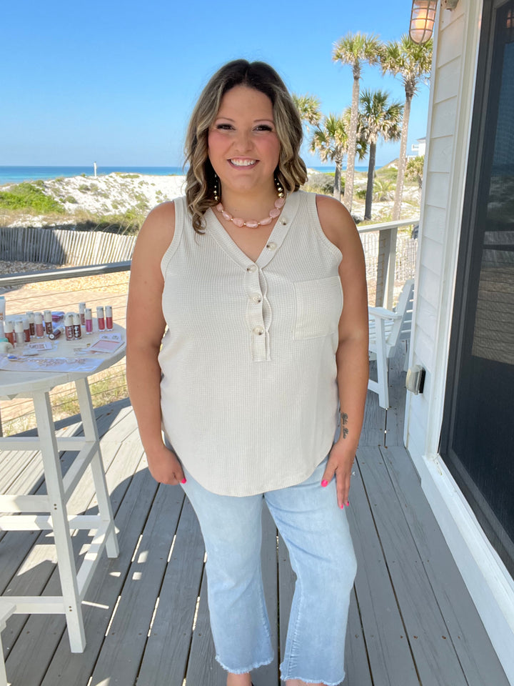 "Caldwell" Waffle Texture Tank with Chest Pockets and Faux Buttons (Oatmeal)