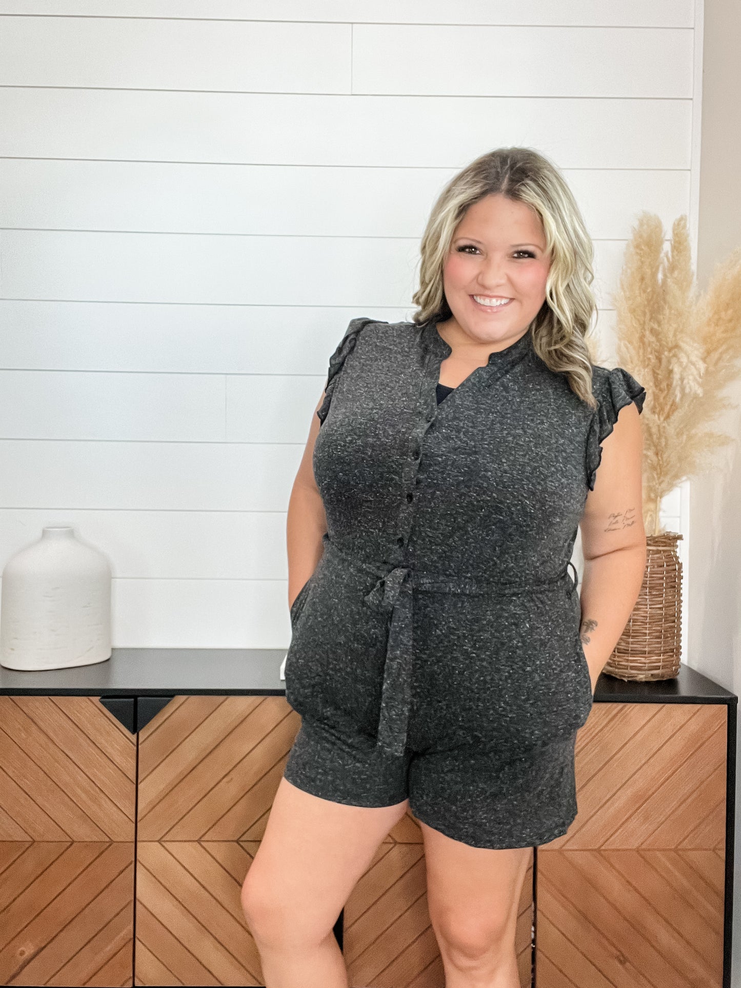 Heathered black t-shirt feel romper