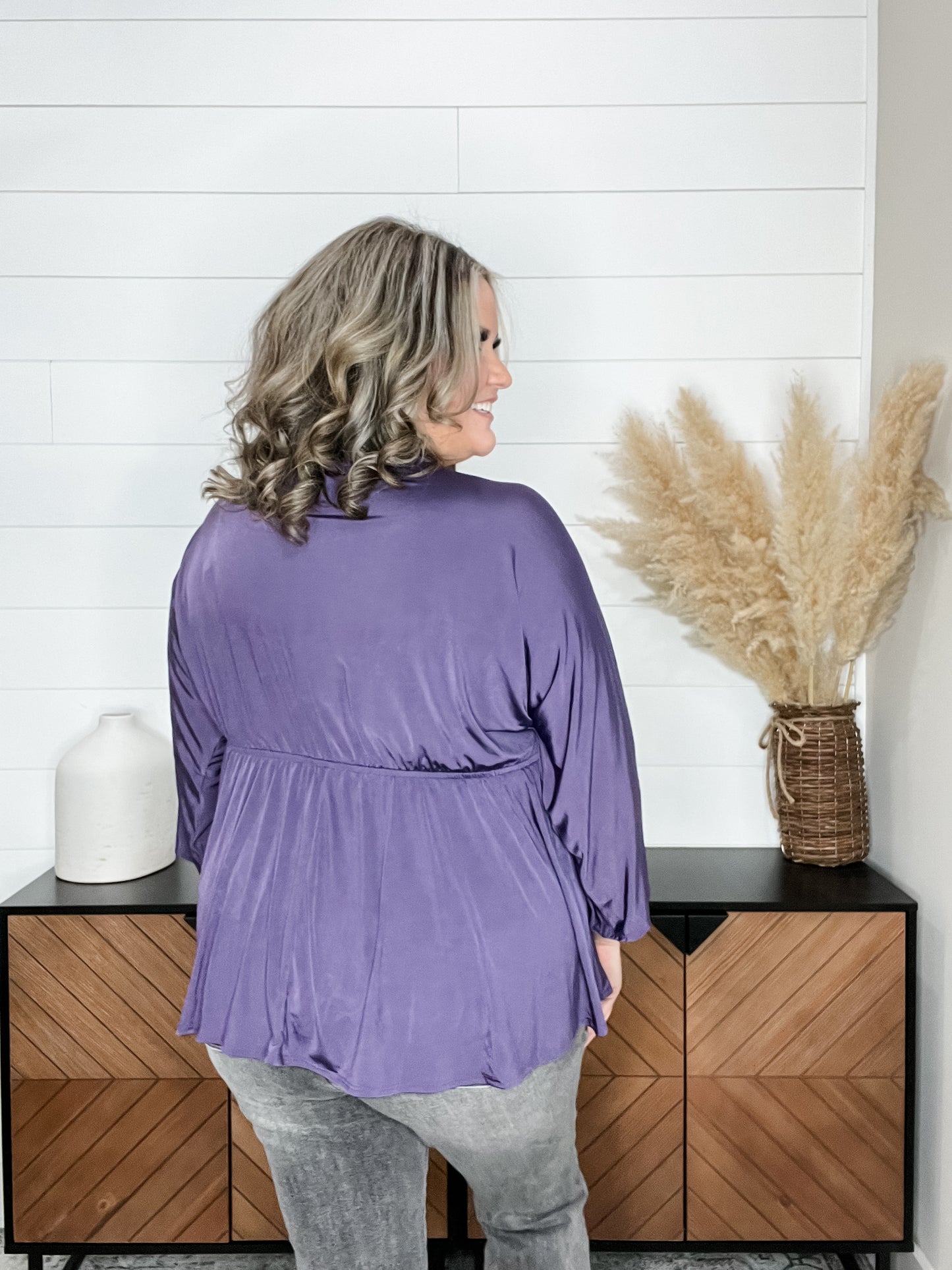 "Undertaking" 3/4 Sleeve V Neck with Elastic Empire Waist (Eggplant)