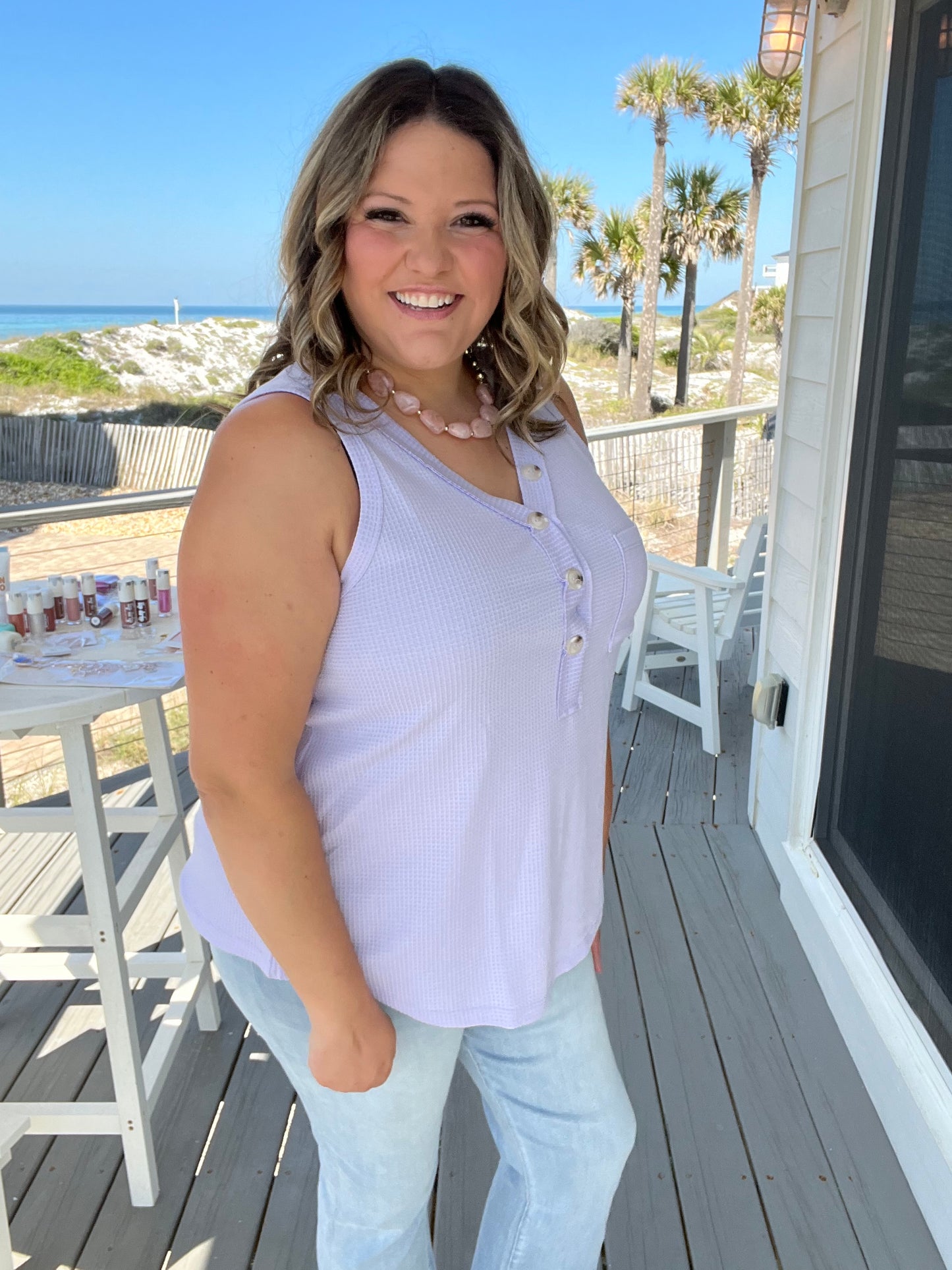 "Caldwell" Waffle Texture Tank with Chest Pockets and Faux Buttons (Lilac)