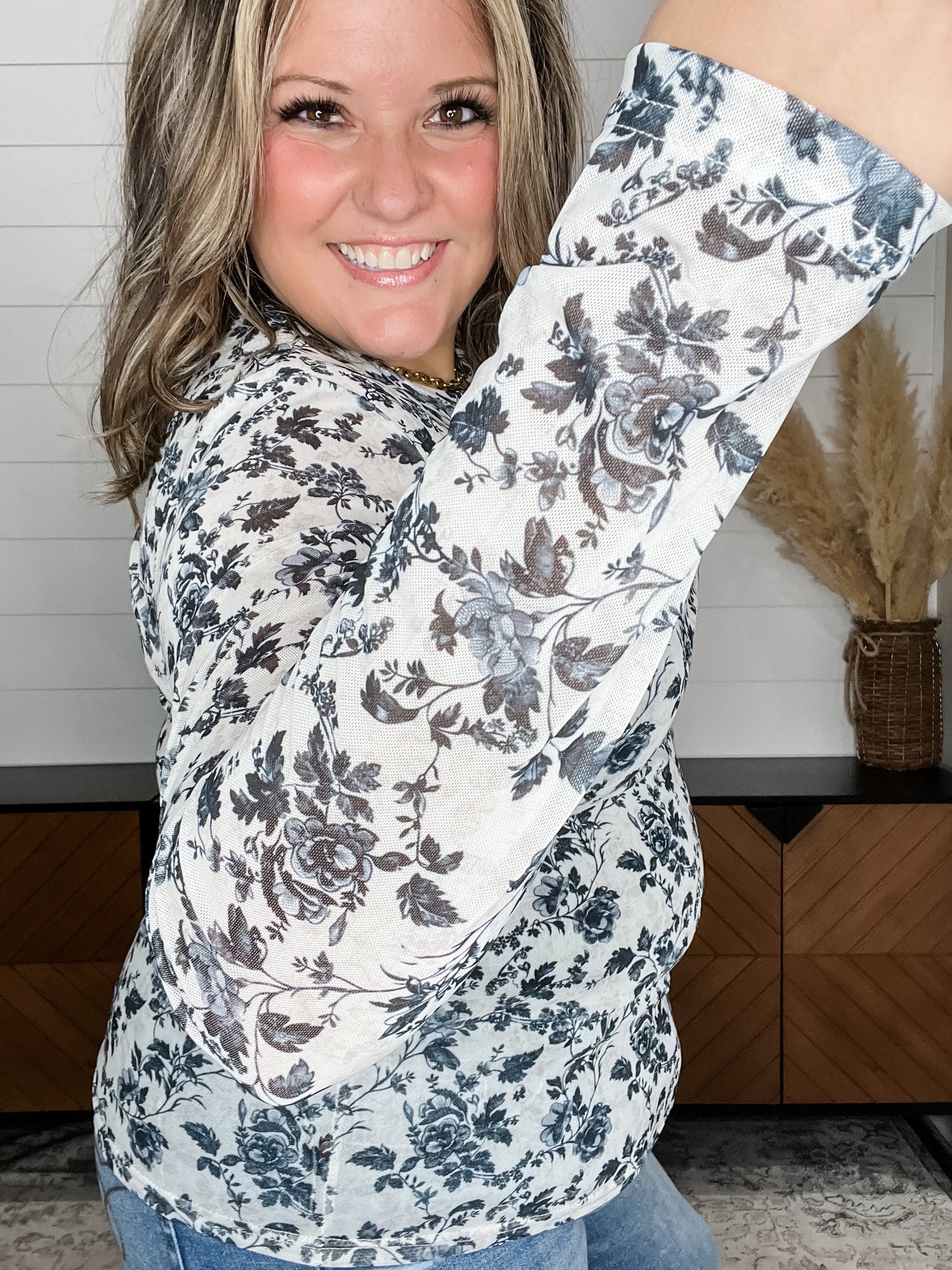 Shirley and Stone Black & White Floral Long Sleeve Mesh Top