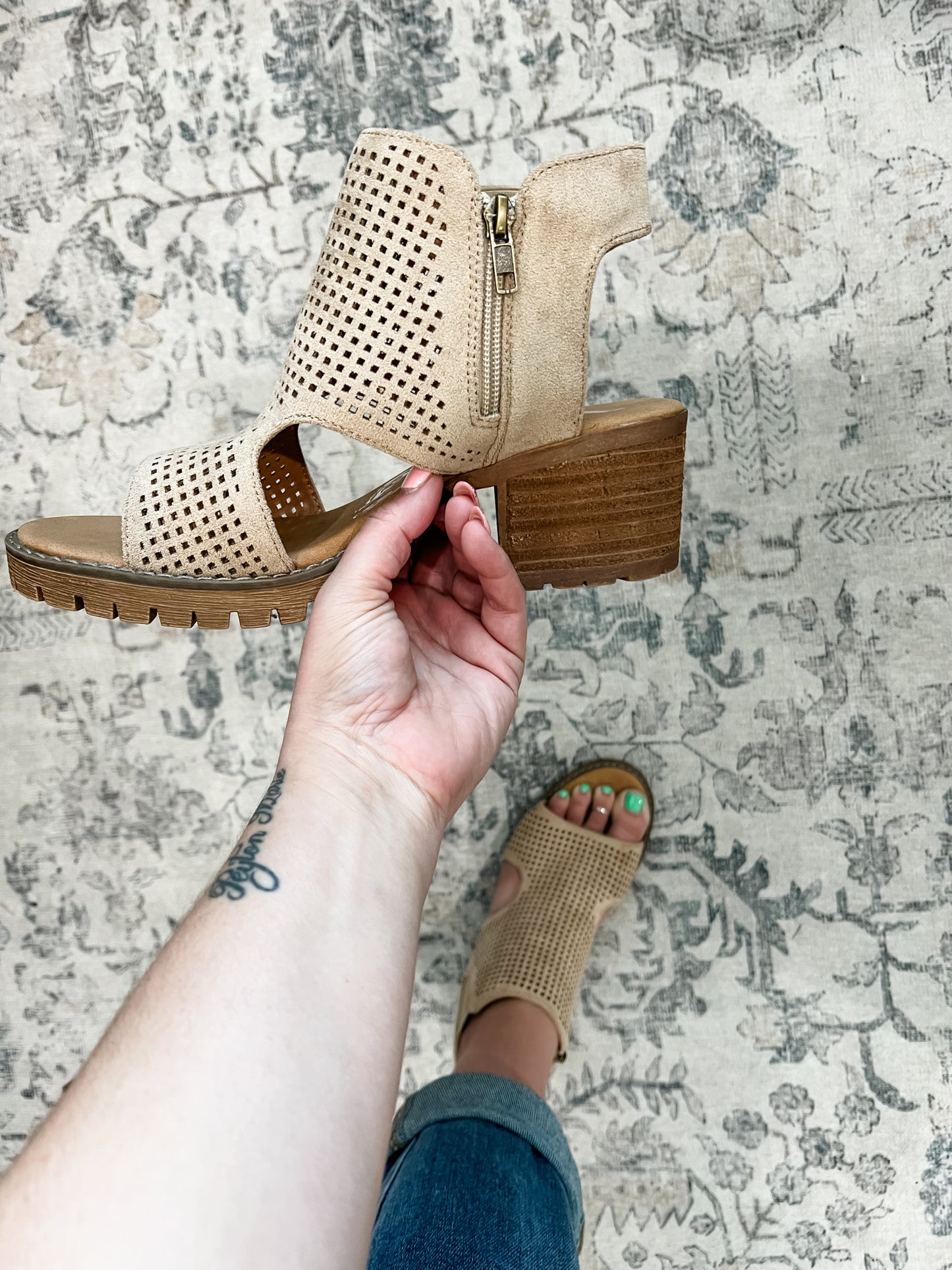 "Milsy" Block Heel Side Zip Sandal by Very G (Sand)