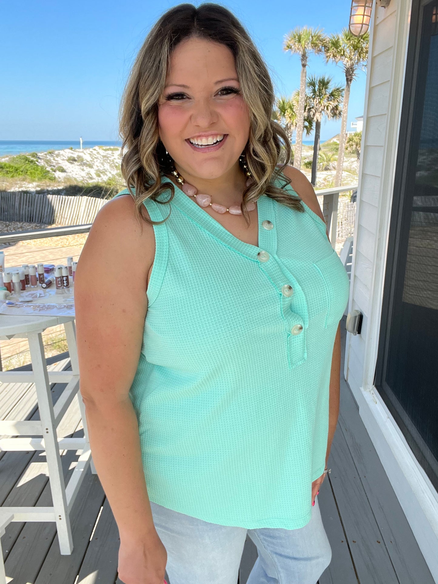 "Caldwell" Waffle Texture Tank with Chest Pockets and Faux Buttons (Mint)