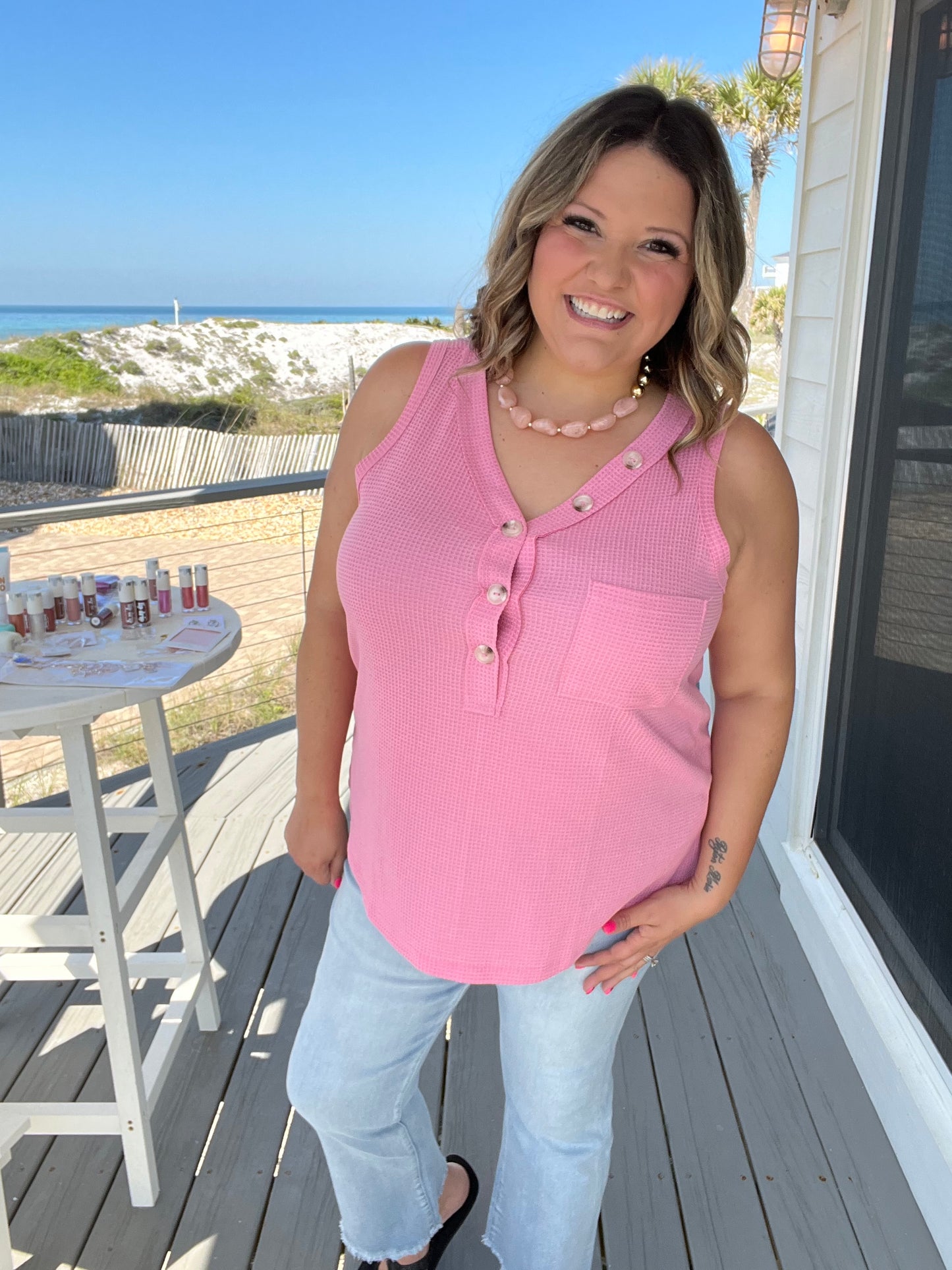 "Caldwell" Waffle Texture Tank with Chest Pockets and Faux Buttons (Pink)