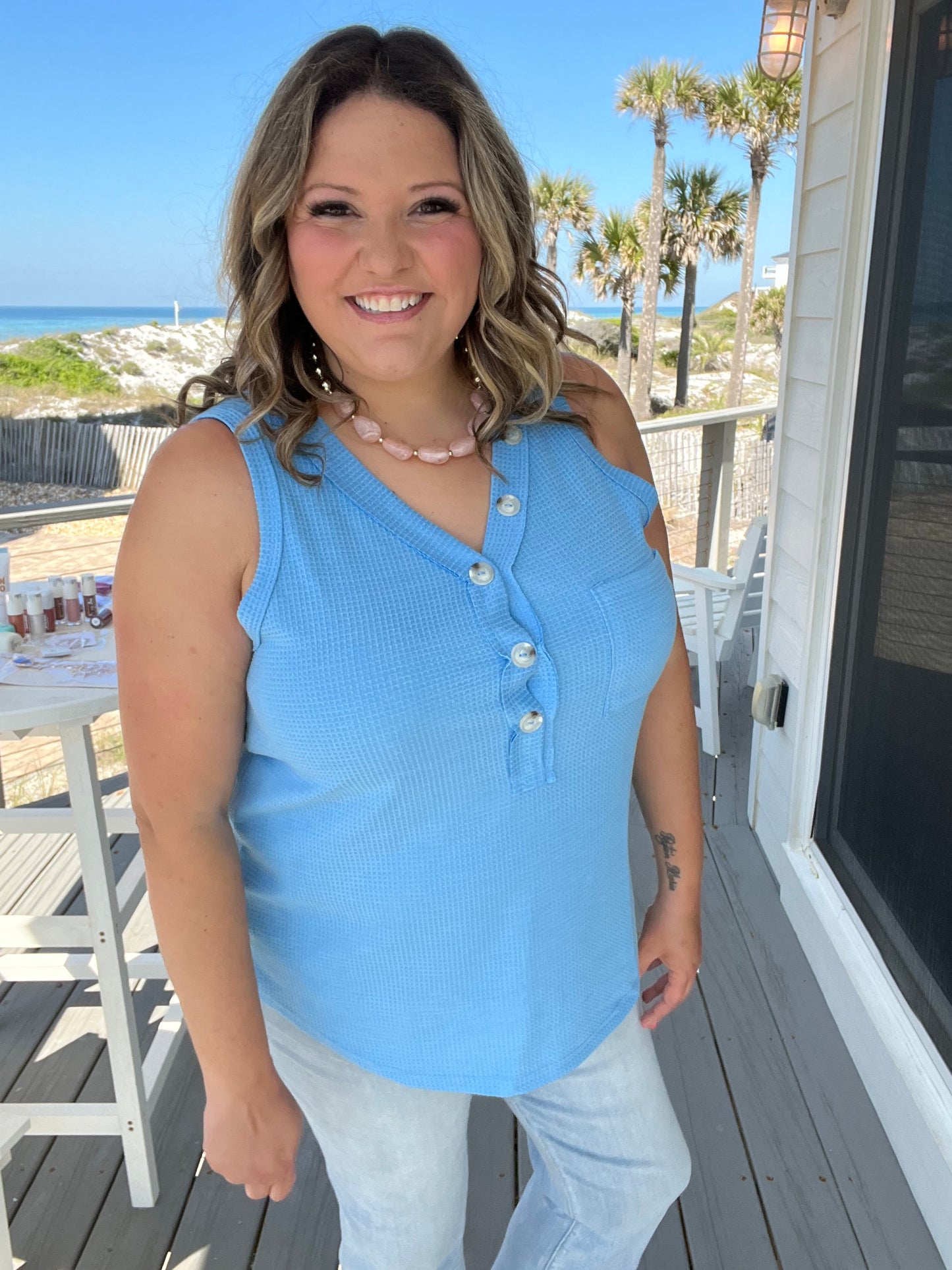 "Caldwell" Waffle Texture Tank with Chest Pockets and Faux Buttons (Ocean Blue)