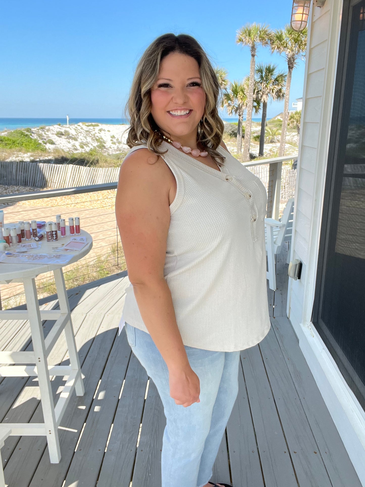 "Caldwell" Waffle Texture Tank with Chest Pockets and Faux Buttons (Oatmeal)