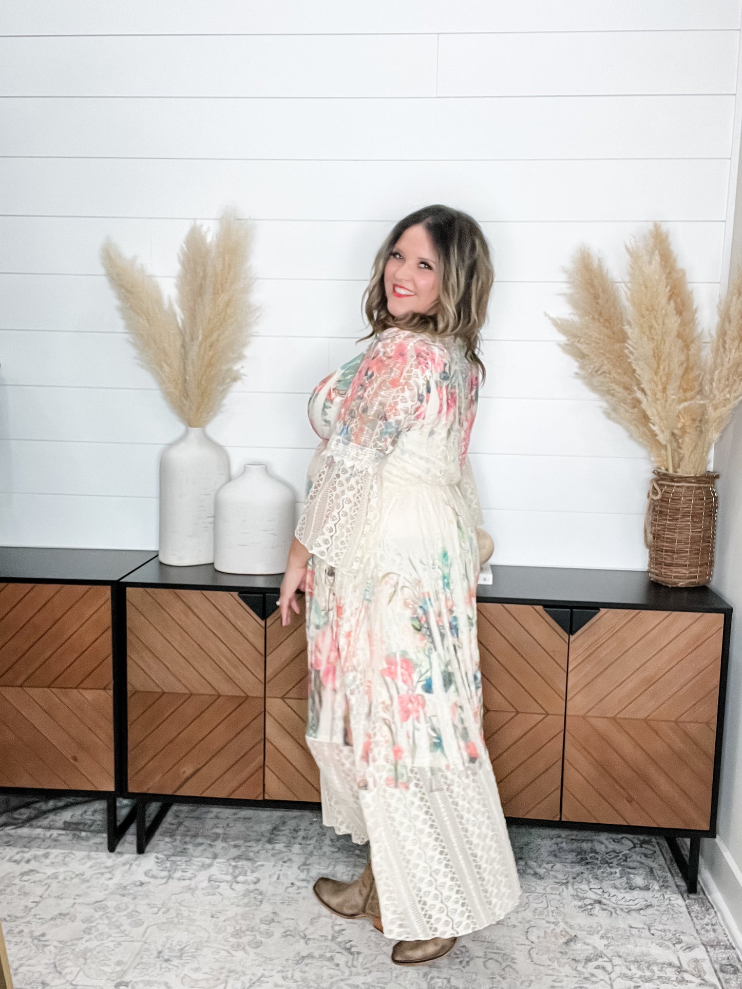 "Country In The Park" Long Sleeve V Neck Lace Maxi Dress