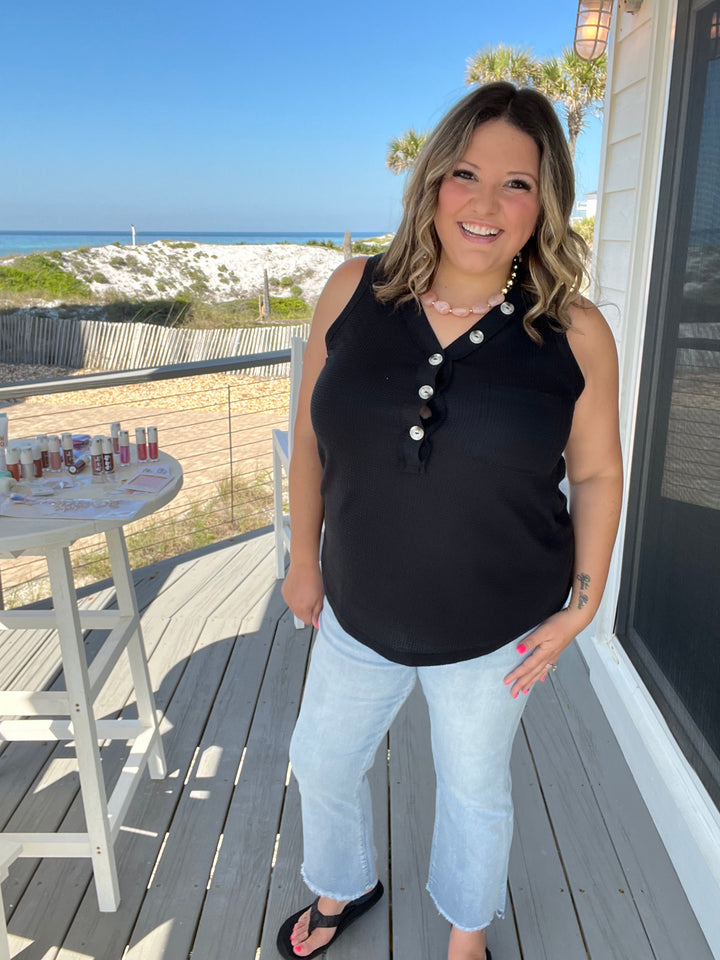 "Caldwell" Waffle Texture Tank with Chest Pockets and Faux Buttons (Black)