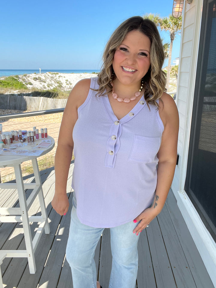 "Caldwell" Waffle Texture Tank with Chest Pockets and Faux Buttons (Lilac)