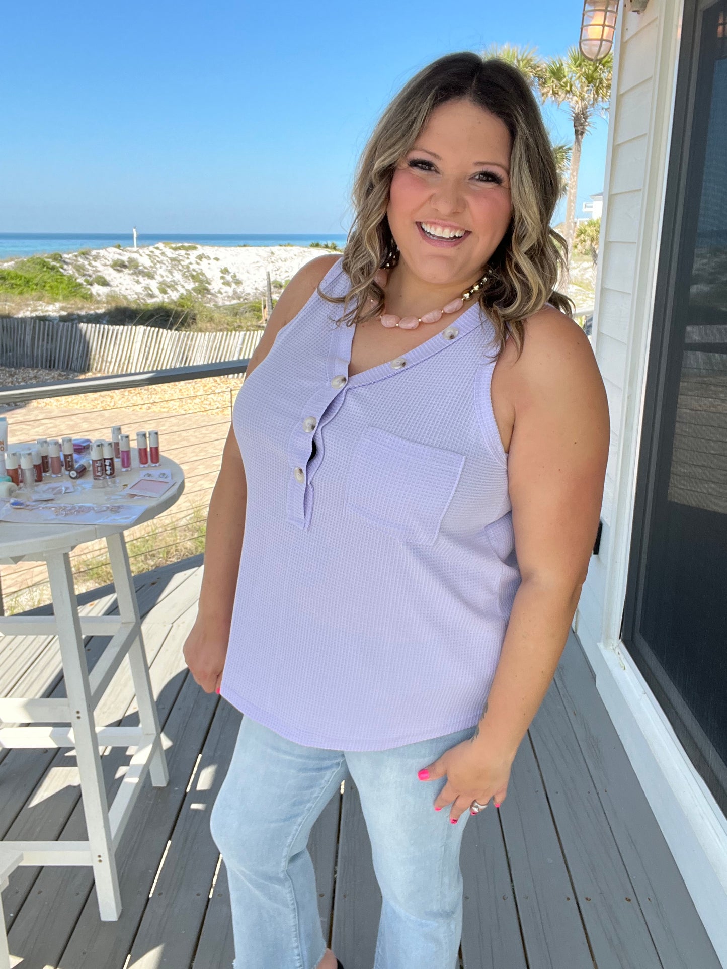 "Caldwell" Waffle Texture Tank with Chest Pockets and Faux Buttons (Lilac)