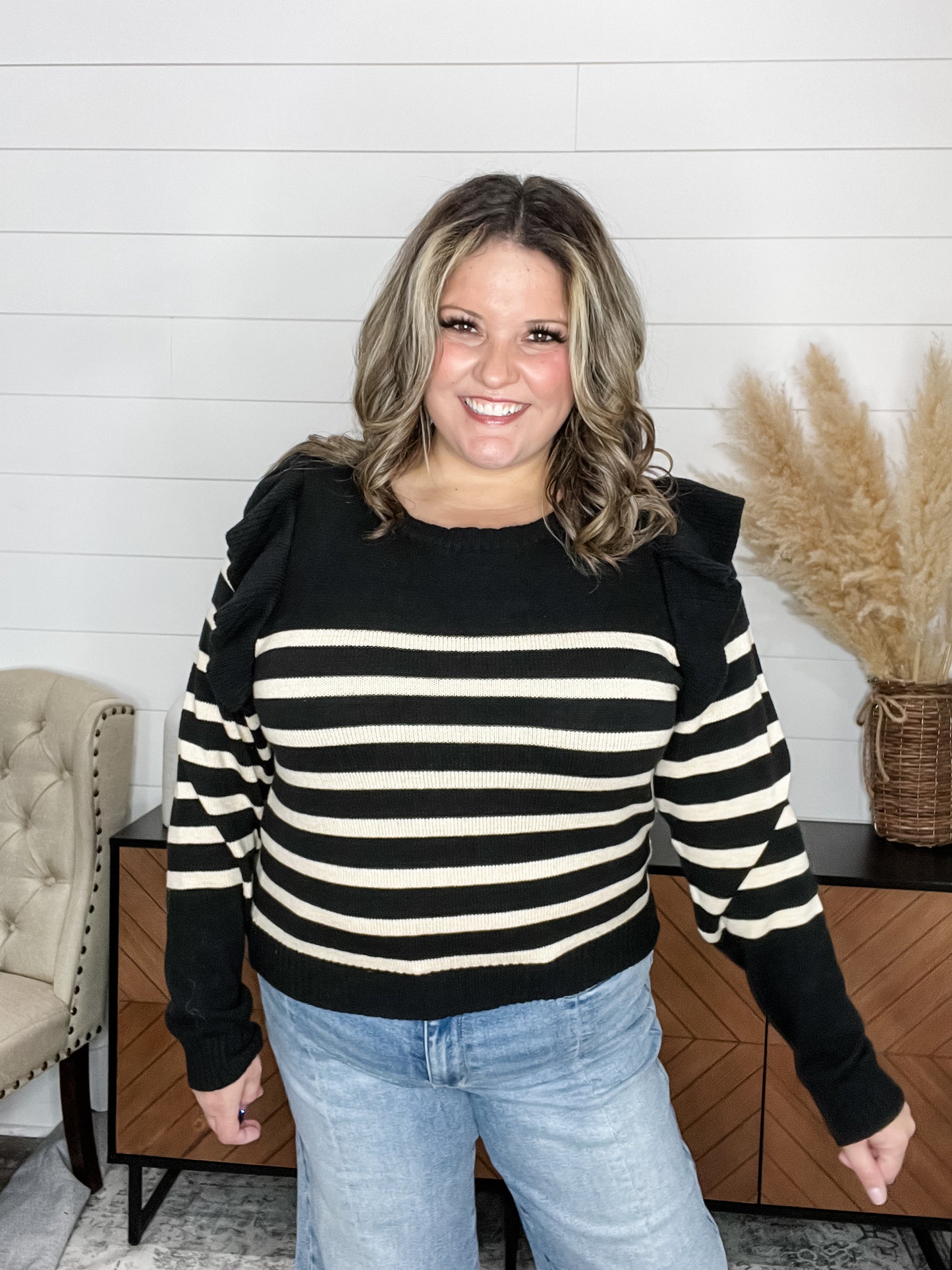 "Tish" Long Sleeve Ruffle Shoulder Sweater