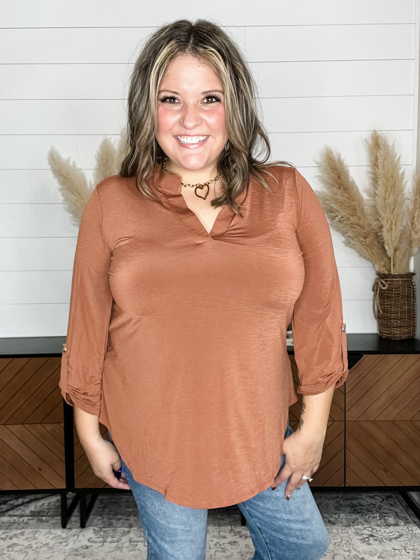 Dear Scarlett "Bold Choice" 3/4 Sleeve Split Neck (Caramel)